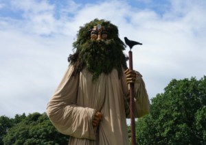 A contemporary Manx sculpture of Manannan displayed at a local music festival