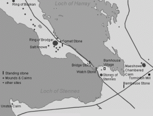 The Ness of Brodgar is the thin finger of land in the middle of the map. The famous Maes Howe cairn whose chamber aligns the winter solstice lies just southeast