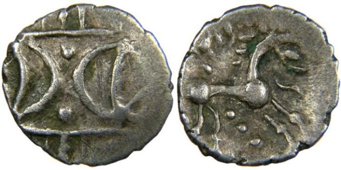 Iceni coins demonstrating the opposed crescent design, redolent of Pictish symbol stones