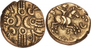 After druidism had retreated to Britain, its coins demonstrated a change. Here the complex symbol on the 'heads' side is matched by the woman riding the horse on the 'tales' side.