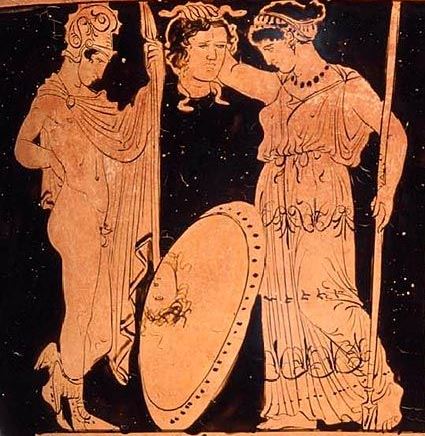 Perseus presents the head of Medousa to an obviously jealous Athena (Aine). Note there are only two snakes protruding from the Gorgon's head...