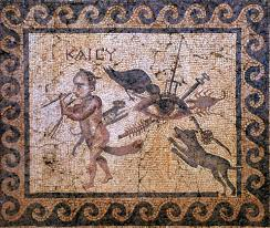 Roman era mosaic of a happy Lare protected from sharp and venomous things by the apotropaic Eye symbol