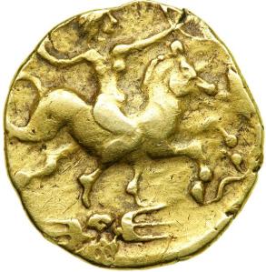 A coin of the Gaulish Redones (Brittany) shows the martial female mounted upon a horse: The Morrigan and Dagda?