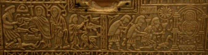 Panel from the 8thC Anglo-Saxon 'Franks' Casket' depicting the juxtaposition of pagan mythology and Christian. On the left - the injured smith-king Weyland receives a visit from three (Valkyrie) women. On the right, Mary and the baby Jesus receive the three male Magi. Note the items carries by the Magi and consider the court of the Fisher King...
