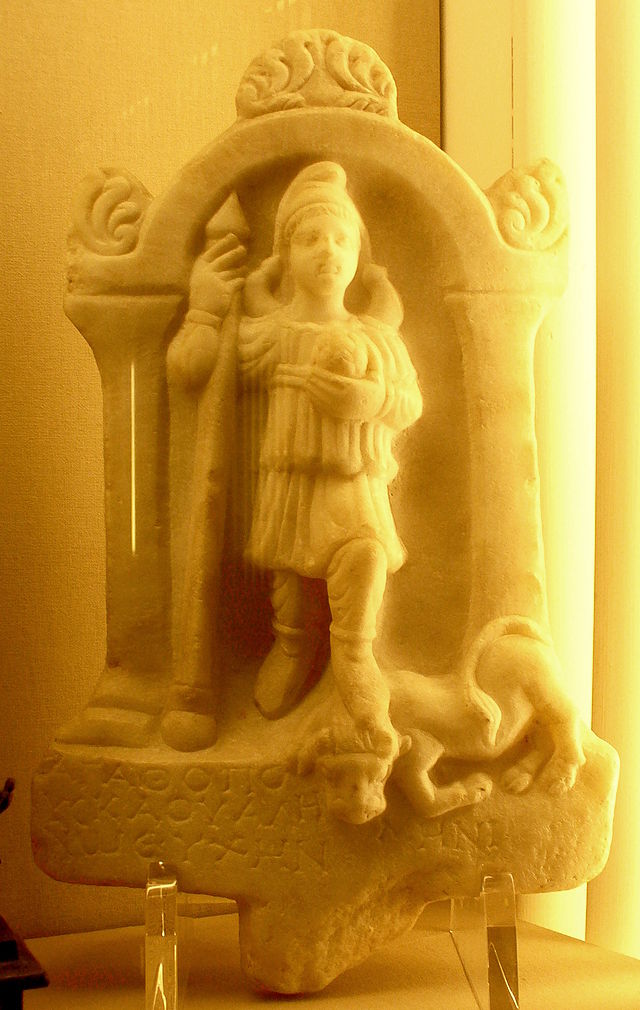 The god 'Men' - a Lunar Sabazios? Note the Bacchic 'Thyrsus' wand topped with a pine-cone: also a symbol of Phrygian god Attis.