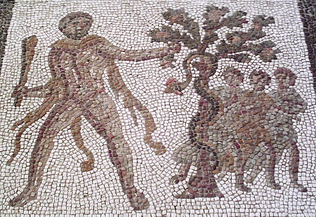 Armed Hercules confronts the Serpent Ladon in the garden of the Hesperides (Roman Hispania)