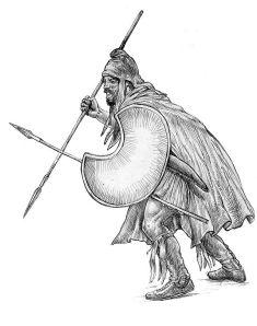 Depiction of Thracian warrior with crescentic 'Pelta' shield.