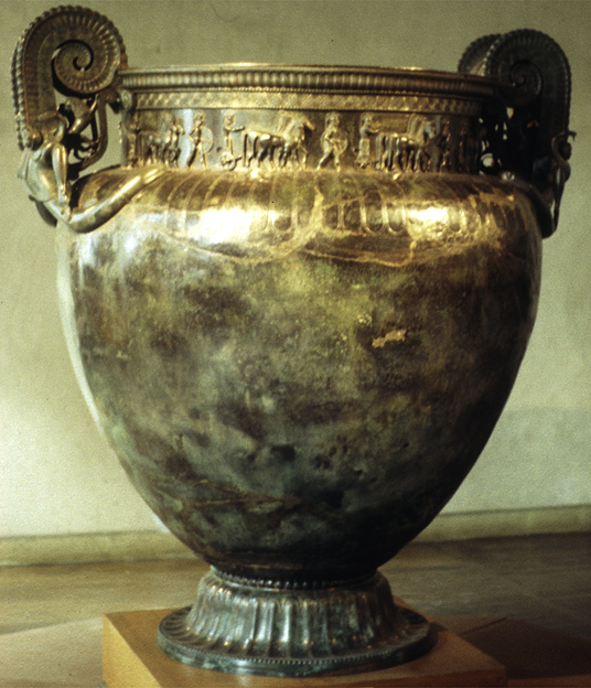 The 'Vix Krater' - an equisite Greek bronze krater buried in the grave of a Gaulish noblewoman c.500BCE. Elaborate kraters were a central symbol of Dionysiac and Sabazian cult worship.