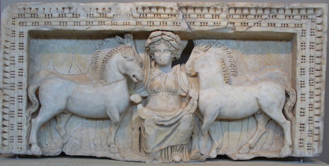 Epona with two horses - note the similarity with the Danubian cult iconography