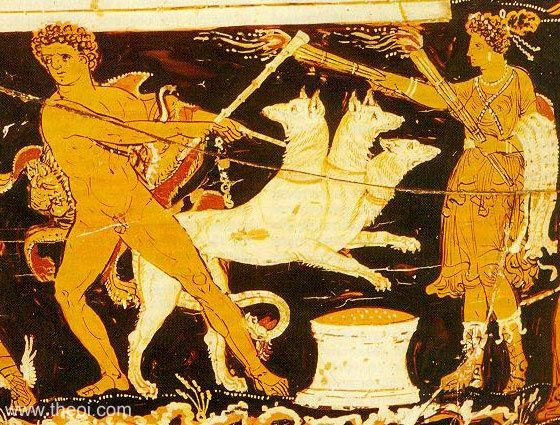 A vase image of Herakles completing his 12th task - leashing Cerberus while Hekate watches. Image (c) Theoi.com