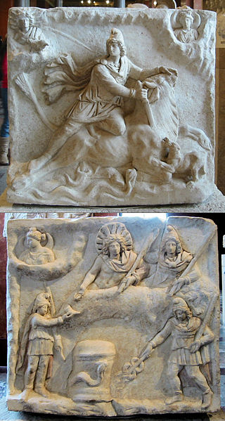 Mithraic stela from the Louvre - note the imagery of the moon and the wands wielded by the celebrants, as well as the 'Phrygian' clothing.