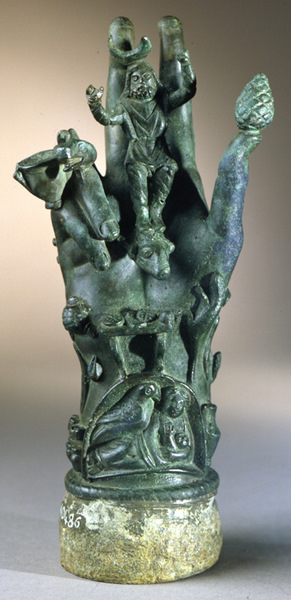 Note the 'lunar' crest - you can it is Sabazios because he has his foot on a bull... Just like in Mithraism