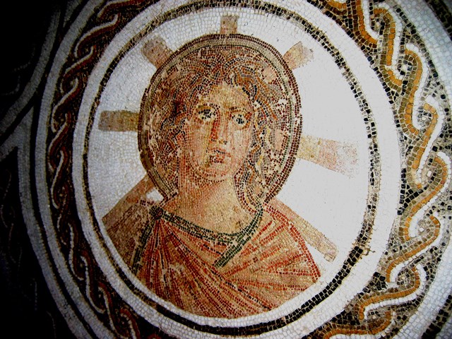 Roman era iconographic depiction of Apollo in mosaic, Tunisia. The similarity to later depictions of Jesus in both the Eastern and Western traditions is striking.