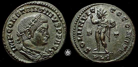 A coin of Emperor Constantine I who converted to Christianity and took the Empire with him. The depiction on the obverse is of Sol Invictus.