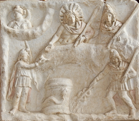 A Roman relief depicting the banquet of Sol, Luna and Mithras.