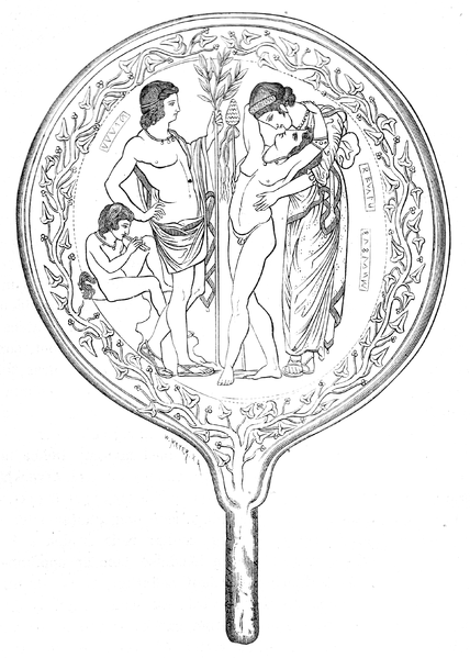 Dionysus, Semele and Apollo depicted on an Etruscan funerary mirror.