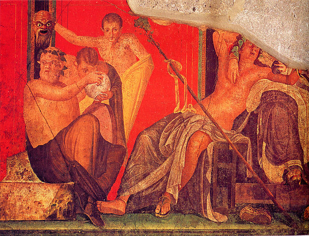 Fresco from the 'Villa of Mysteries' at Pompeii, depicting Dionysian initiatory scenes. Here the youth appears to peer into a basin of liquid to see the reflection of the mask behind him. The image resonates strongly with the imagery later conjured by Nonnus in 'Dionysiaca'.
